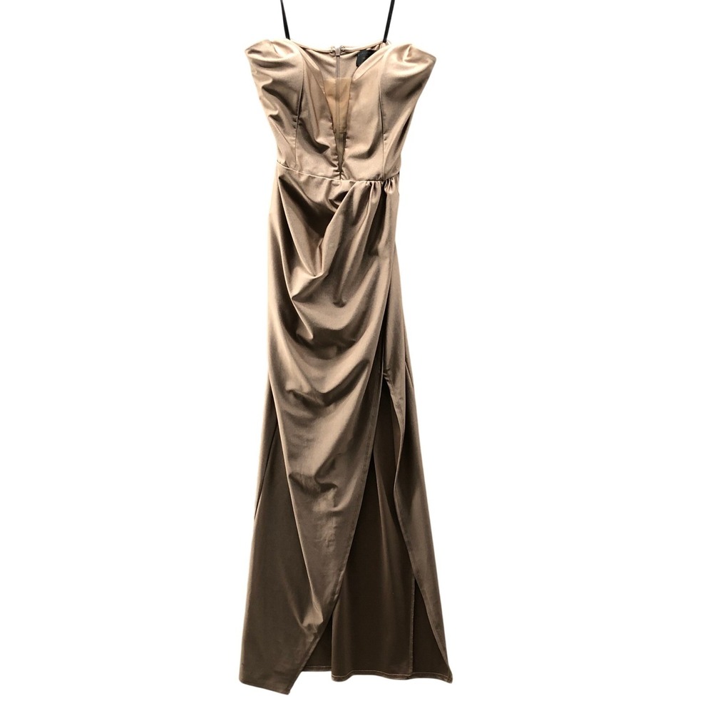 Michael‎ Costello x Revolve Taupe Draped Maxi Dress High Slit Gown L Glam Prom
